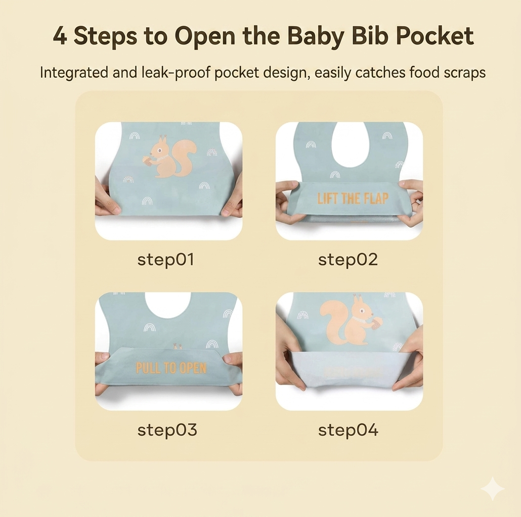 Waterproof Silicone Baby Bib with Food Catcher Pocket